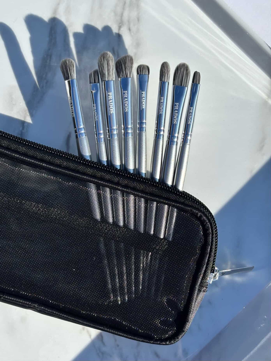 Set of makeup brushes in a black case on a light blue background